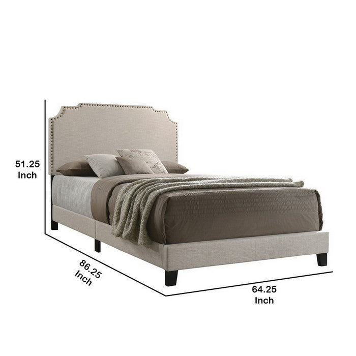 Fabric Upholstered Wooden Queen Size Bed with Nailhead Trims, Beige