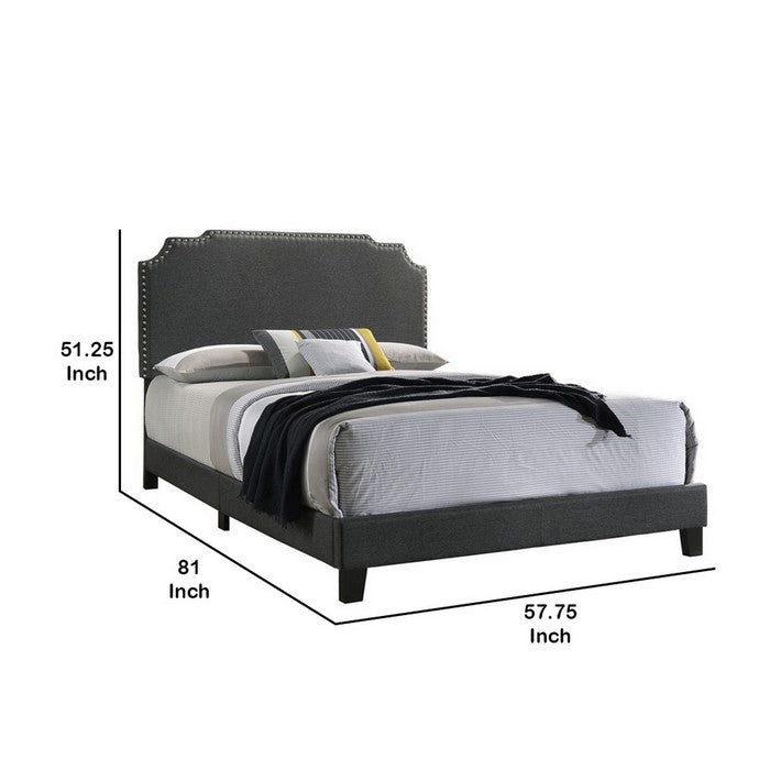 Fabric Upholstered Wooden Full Size Bed with Nailhead Trims, Gray