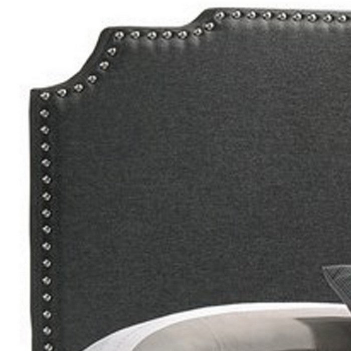 Fabric Upholstered Wooden Eastern King Size with Nailhead Trims, Gray