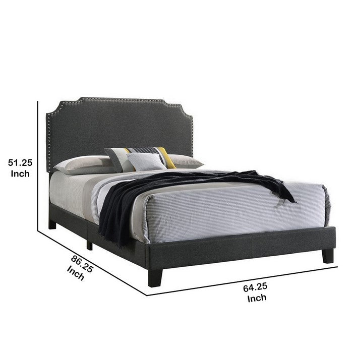 Fabric Upholstered Wooden Queen Size Bed with Nailhead Trims, Gray