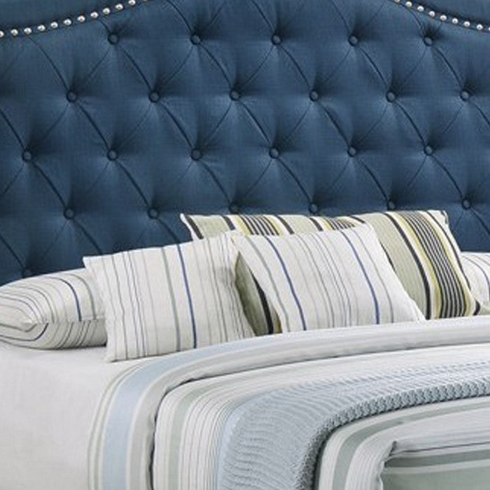 Fabric Upholstered Wooden Demi Wing Full Bed with Camelback Headboard, Blue
