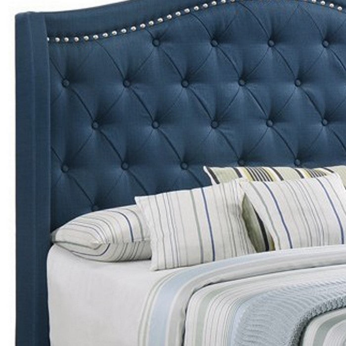 Fabric Upholstered Wooden Demi Wing Full Bed with Camelback Headboard, Blue