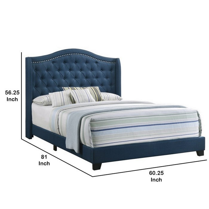 Fabric Upholstered Wooden Demi Wing Full Bed with Camelback Headboard, Blue
