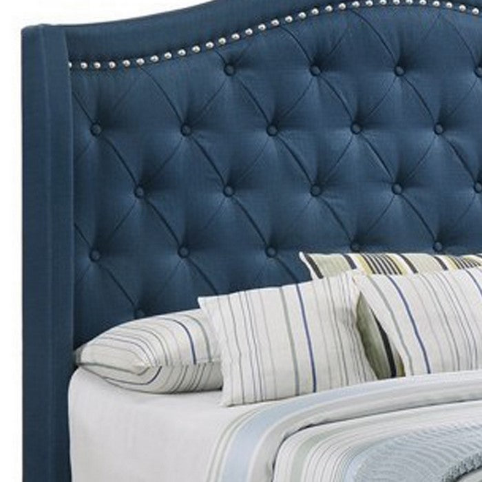 Fabric Upholstered Demi Wing Eastern King Bed with Camelback Headboard,Blue