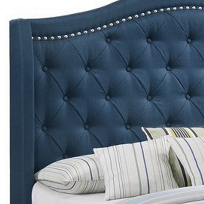 Fabric Upholstered Wooden Demi Wing Queen Bed with Camelback Headboard,Blue