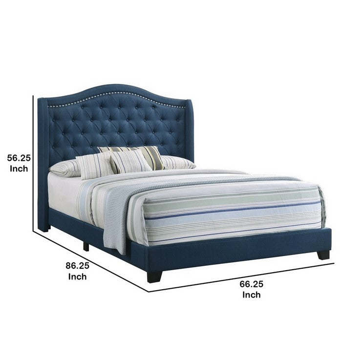 Fabric Upholstered Wooden Demi Wing Queen Bed with Camelback Headboard,Blue