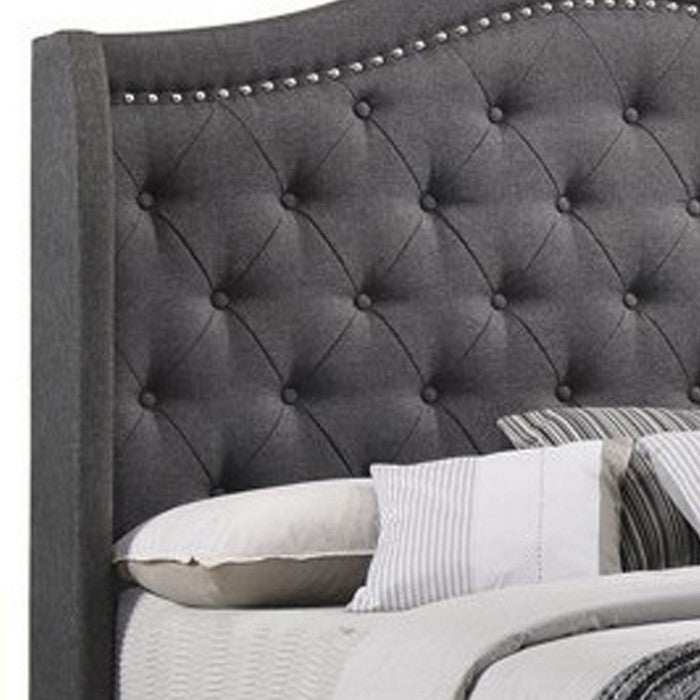 Fabric Upholstered Demi Wing Eastern King Bed with Camelback Headboard,Gray