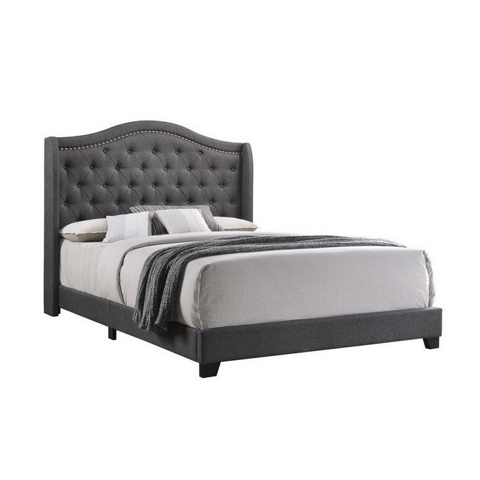 Fabric Upholstered Demi Wing Eastern King Bed with Camelback Headboard,Gray