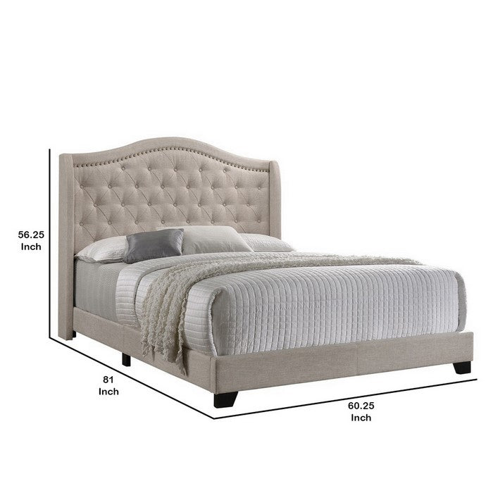 Fabric Upholstered Wooden Demi Wing Full Bed with Camelback Headboard,Beige