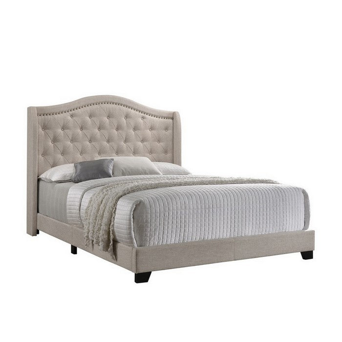 Fabric Upholstered Wooden Demi Wing Full Bed with Camelback Headboard,Beige