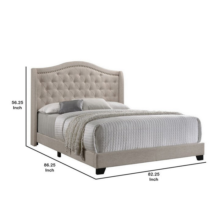 Fabric Upholstered Eastern King Bed with Camelback Headboard, Beige