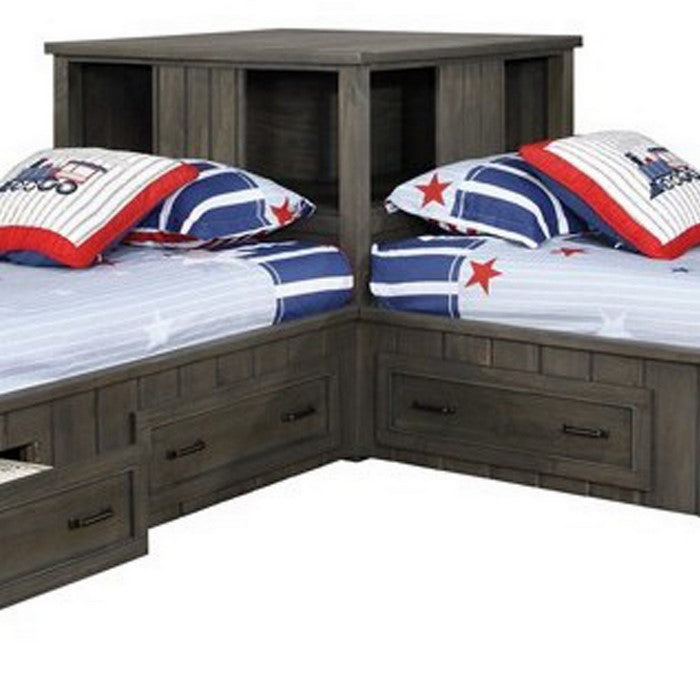 Contemporary Style Wooden Twin Corner Bed with Bottom Side Drawers, Brown