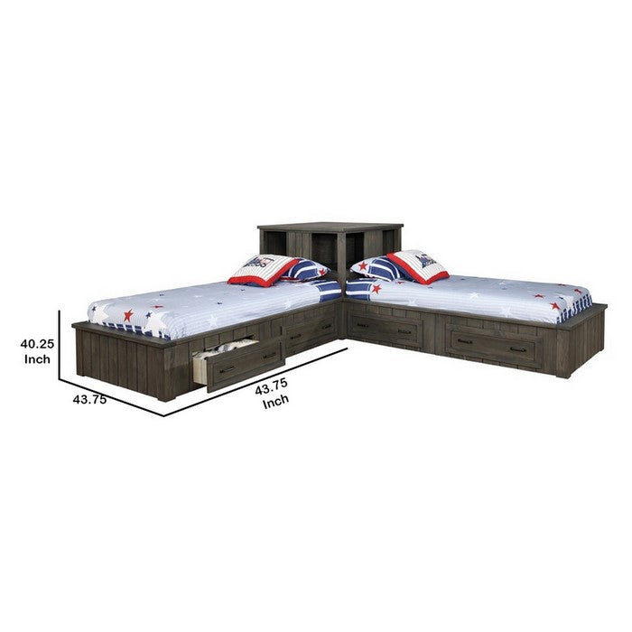 Contemporary Style Wooden Twin Corner Bed with Bottom Side Drawers, Brown
