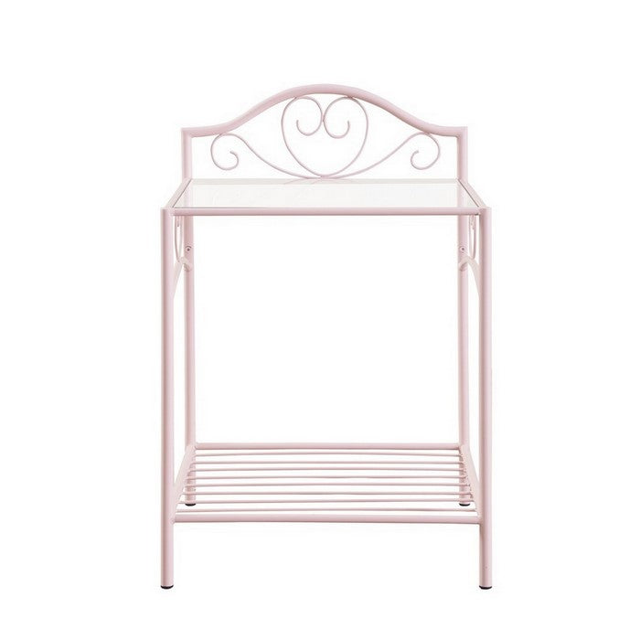 Metal Nightstand with Glass Top and Open Bottom Shelf, Pink and Clear