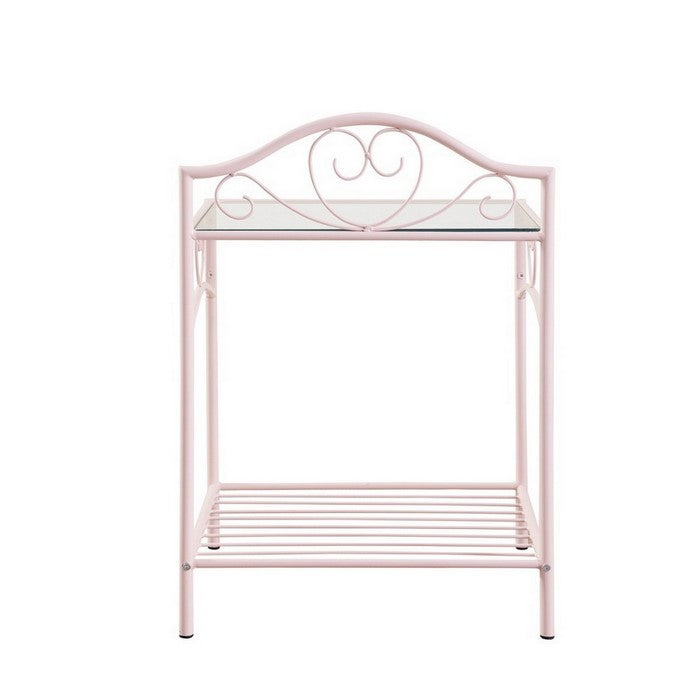 Metal Nightstand with Glass Top and Open Bottom Shelf, Pink and Clear
