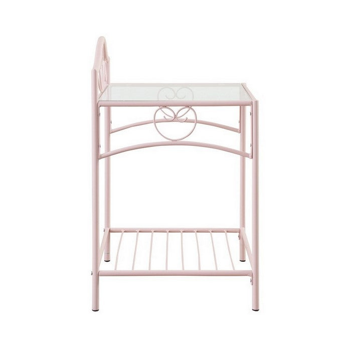 Metal Nightstand with Glass Top and Open Bottom Shelf, Pink and Clear
