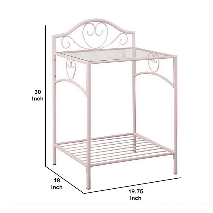 Metal Nightstand with Glass Top and Open Bottom Shelf, Pink and Clear