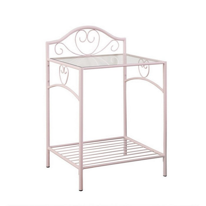 Metal Nightstand with Glass Top and Open Bottom Shelf, Pink and Clear