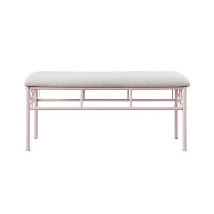 Metal Bench with Padded Seating and Scrolled Accents, Pink and Gray