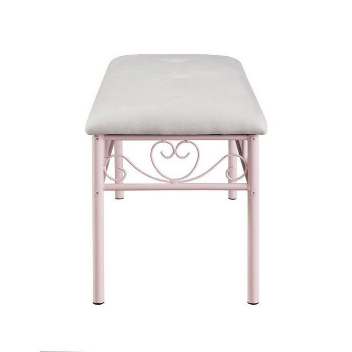 Metal Bench with Padded Seating and Scrolled Accents, Pink and Gray