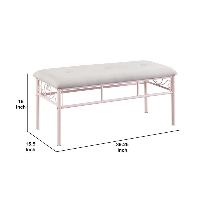 Metal Bench with Padded Seating and Scrolled Accents, Pink and Gray