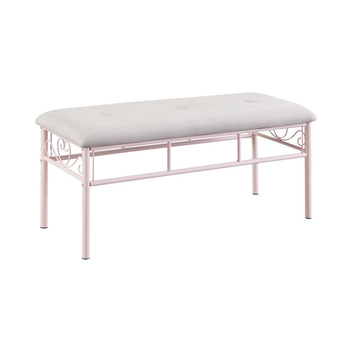 Metal Bench with Padded Seating and Scrolled Accents, Pink and Gray
