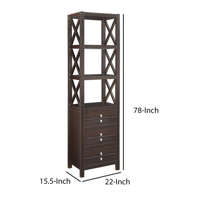 Freestanding Wooden Media Tower with 3 Drawers and 2 Shelves, Brown