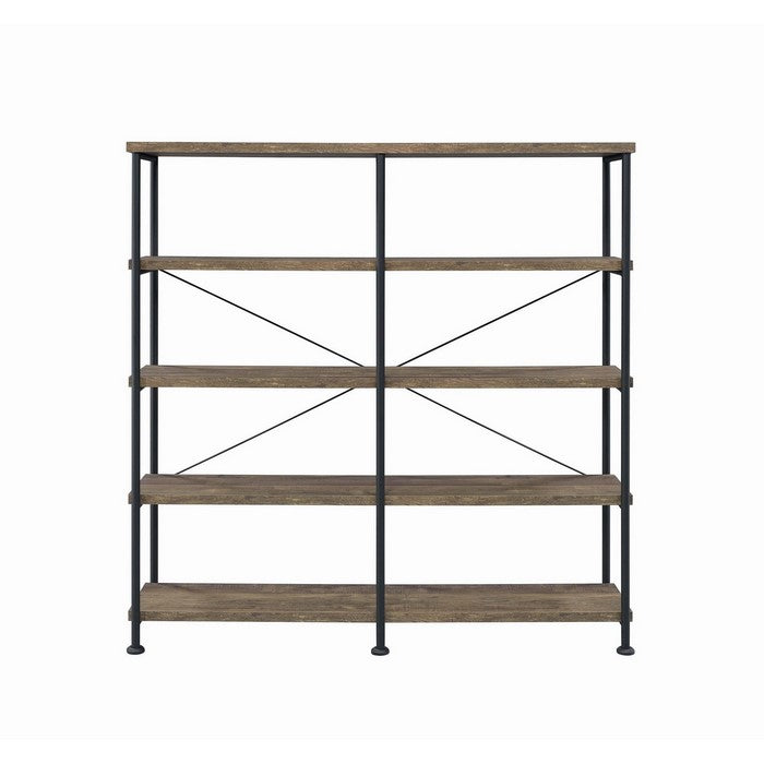 4 Tier Wood and Metal Frame Bookcase with Criss Cross Design, Rustic Brown