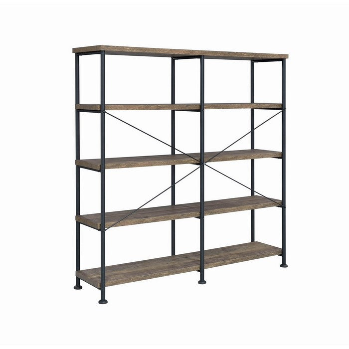 4 Tier Wood and Metal Frame Bookcase with Criss Cross Design, Rustic Brown