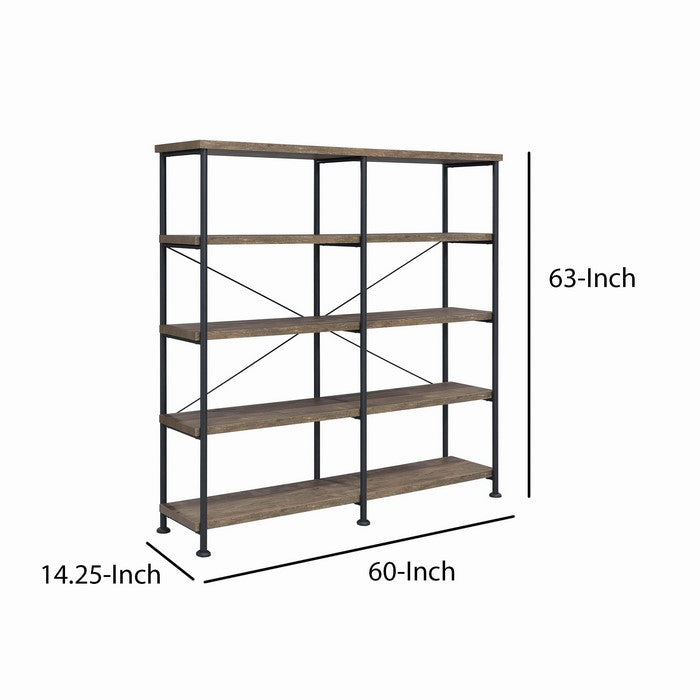4 Tier Wood and Metal Frame Bookcase with Criss Cross Design, Rustic Brown
