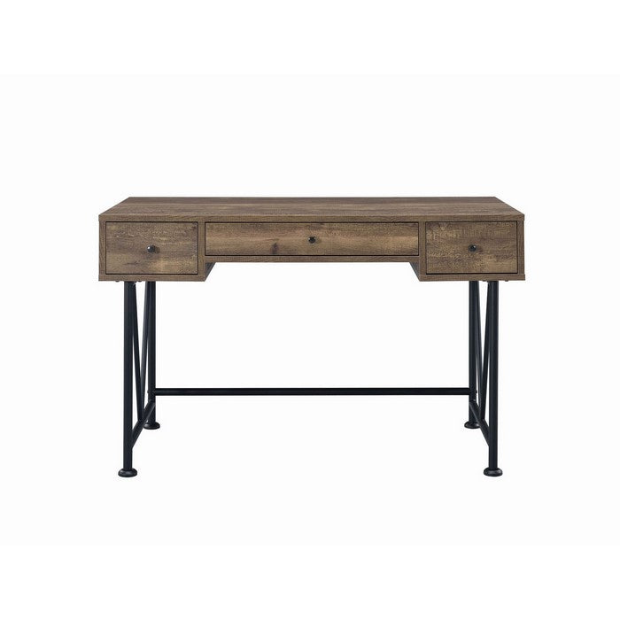 Traditional Style Wooden Writing Desk with 3 Drawers, Rustic Oak and Black