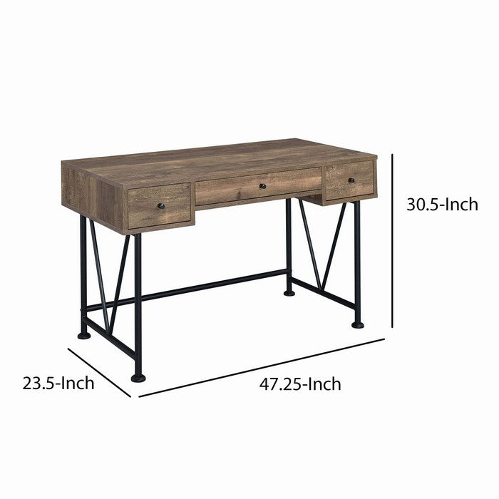 Traditional Style Wooden Writing Desk with 3 Drawers, Rustic Oak and Black