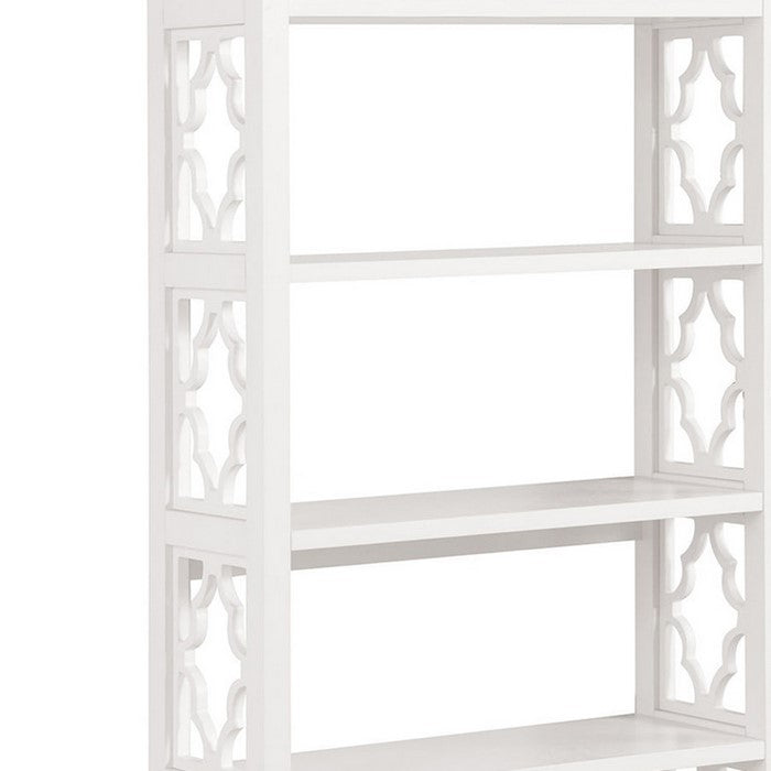 5 Tier Wooden Frame Bookcase with Quatrefoil Cutout, White