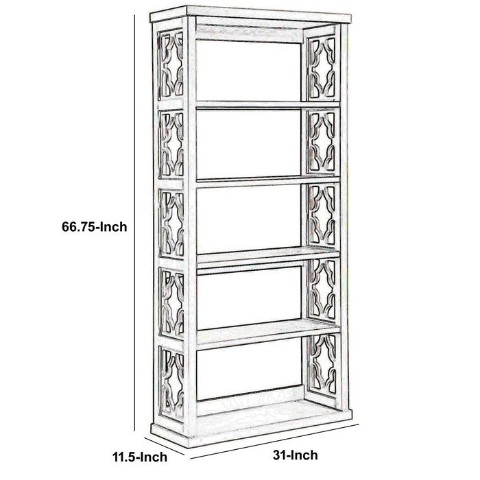 5 Tier Wooden Frame Bookcase with Quatrefoil Cutout, White