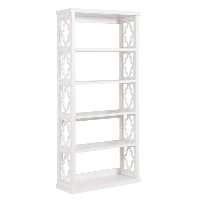 5 Tier Wooden Frame Bookcase with Quatrefoil Cutout, White