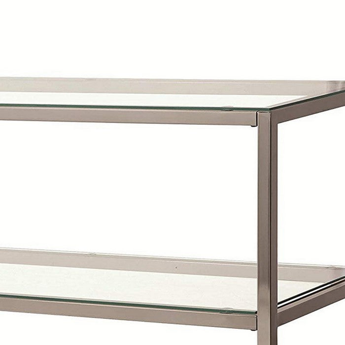 Glass and Metal Frame Sofa Table with 2 Open Shelves, Silver and Clear