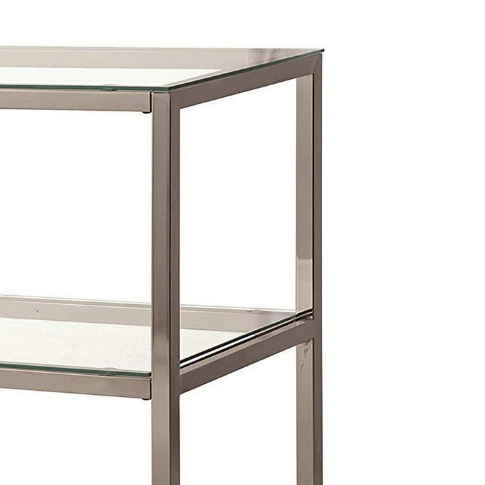 Glass and Metal Frame Sofa Table with 2 Open Shelves, Silver and Clear
