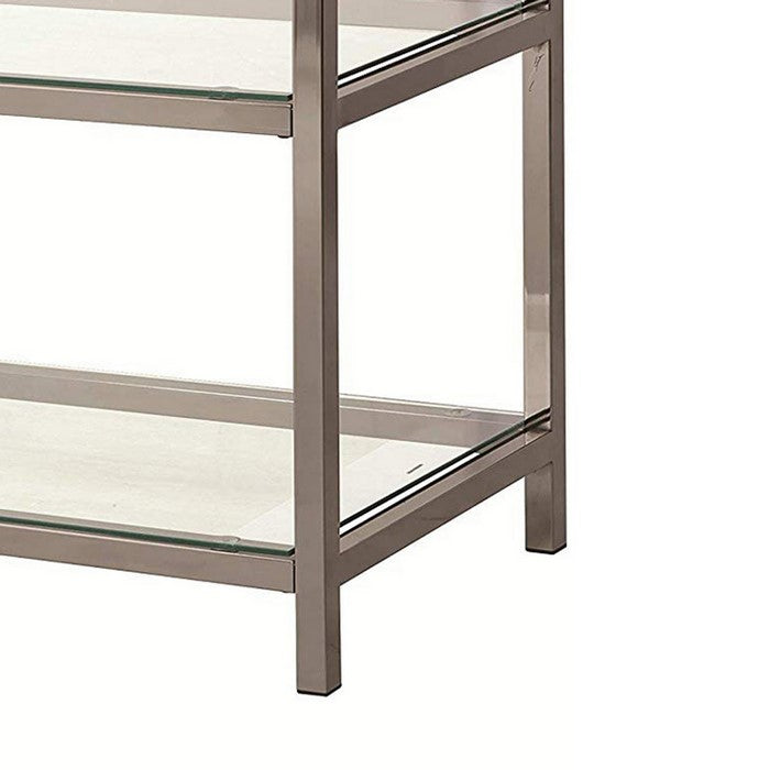 Glass and Metal Frame Sofa Table with 2 Open Shelves, Silver and Clear