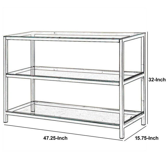Glass and Metal Frame Sofa Table with 2 Open Shelves, Silver and Clear