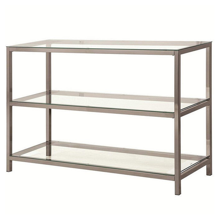 Glass and Metal Frame Sofa Table with 2 Open Shelves, Silver and Clear
