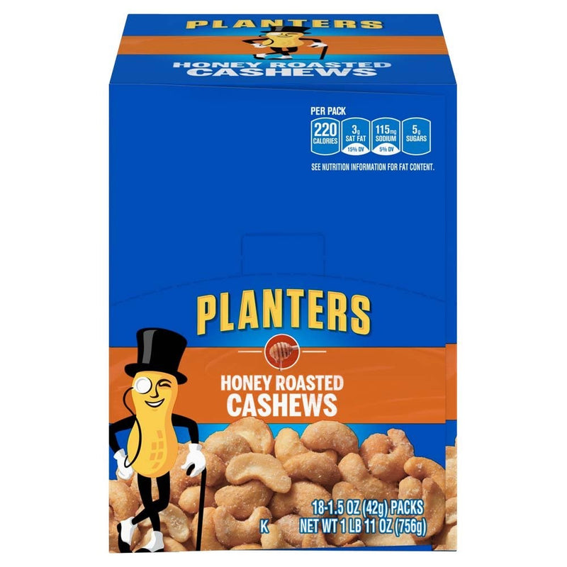 Planters Cashews, Honey Roasted & Salted, 1.5 Ounce Single Serve Bag (Pack of 18)