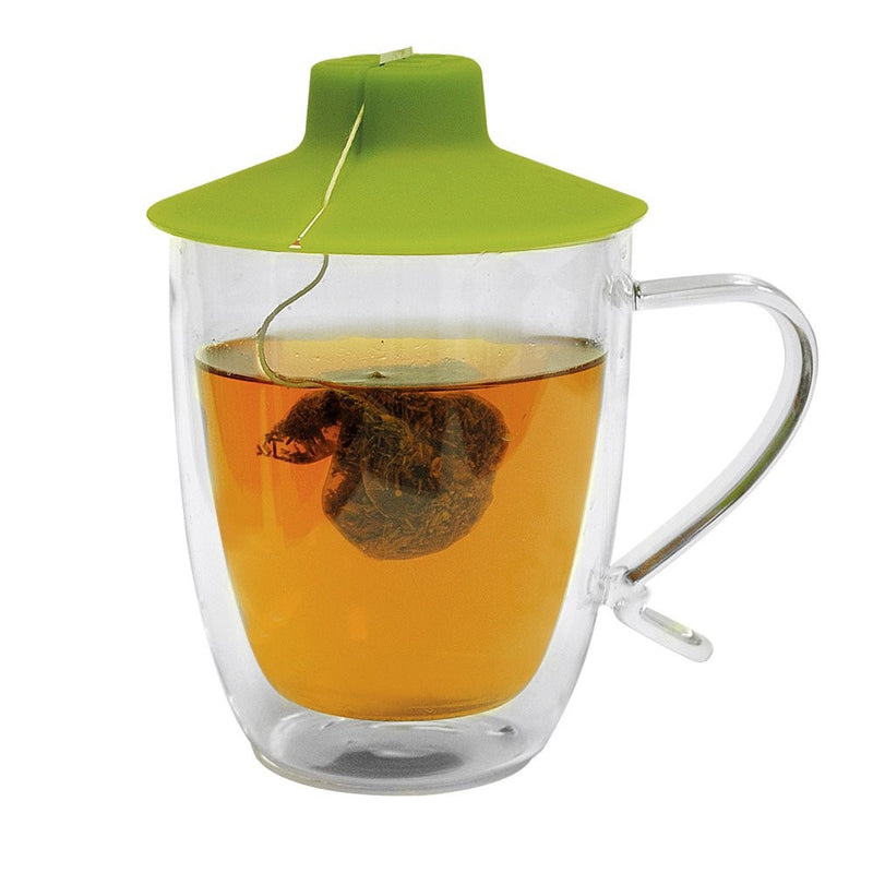 Primula Double Wall Glass Mug and Tea Bag Buddy – Temperature Safe 16 oz. Clear Glass Mug – 100% Food Grade Green Silicone Tea Bag Buddy – Dishwasher and Microwave Safe Set