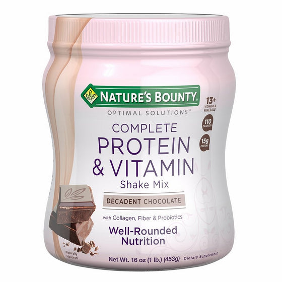 Nature's Bounty Optimal Solutions Protein Shake Chocolate, 16 Ounce Jar, Protein and Vitamin Shake Mix for Women, with Added Nutrients