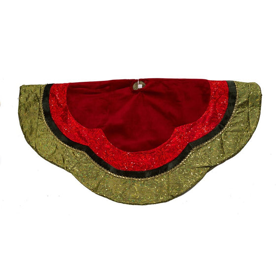 Kurt Adler Velvet and Silk Gold/Green/Red Scalloped Embroidered Sequin Treeskirt with Metallic Trim, 54-Inch