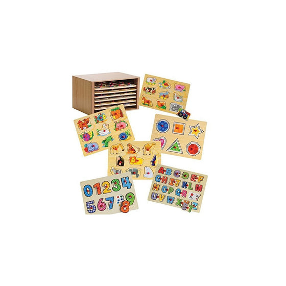 Constructive Playthings Cp Toys Puzzle Storage Case With 6 Knobbed Wooden Puzzles