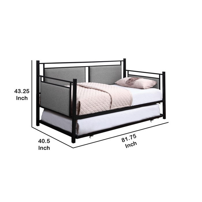 Metal Twin Daybed with Trundle and Fabric Upholstered Panels,Gray and Black