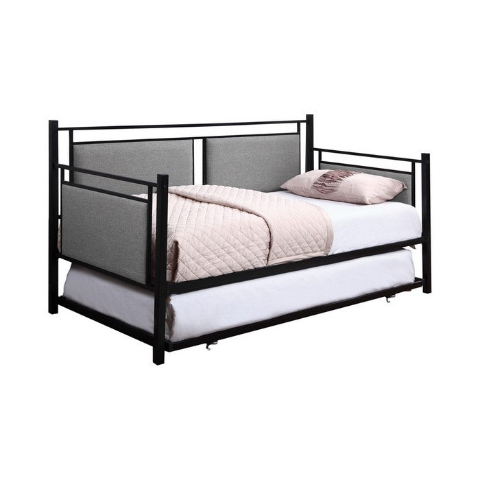 Metal Twin Daybed with Trundle and Fabric Upholstered Panels,Gray and Black