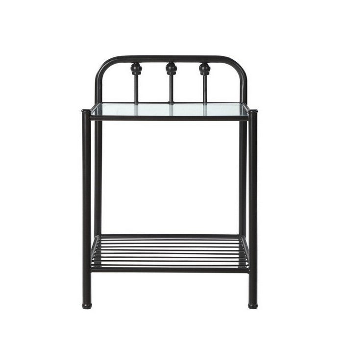 Metal Nightstand with Glass Top and Slated Open Bottom Shelf, Black