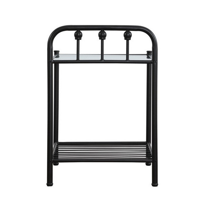 Metal Nightstand with Glass Top and Slated Open Bottom Shelf, Black
