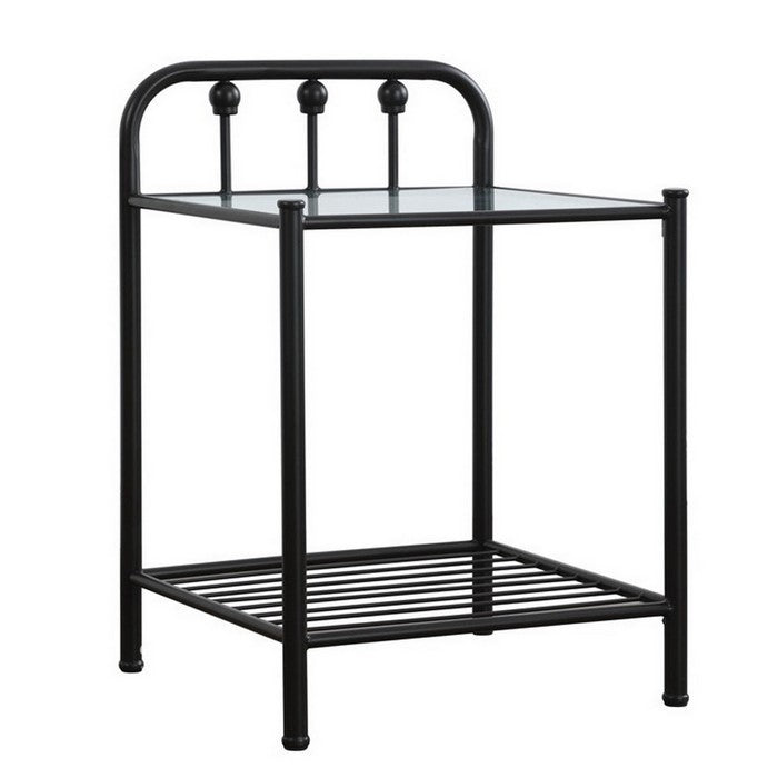 Metal Nightstand with Glass Top and Slated Open Bottom Shelf, Black